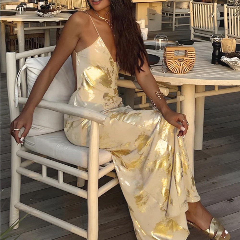 NWT - Metallic Print V-Neck Backless Slip Long Dress